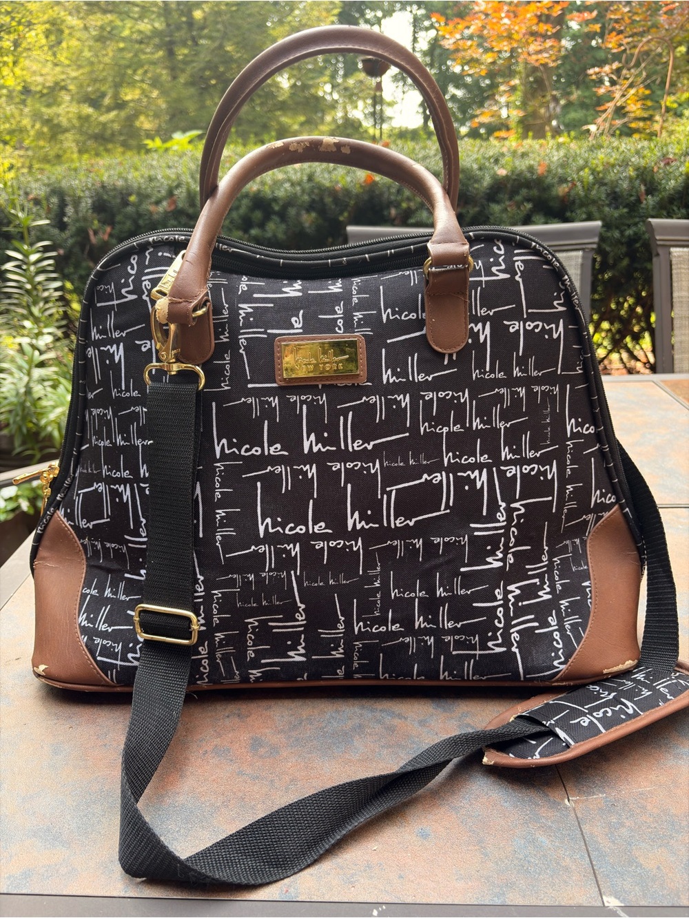 Nicole Miller Script Print Weekender Travel Duffel Bag Black Brown